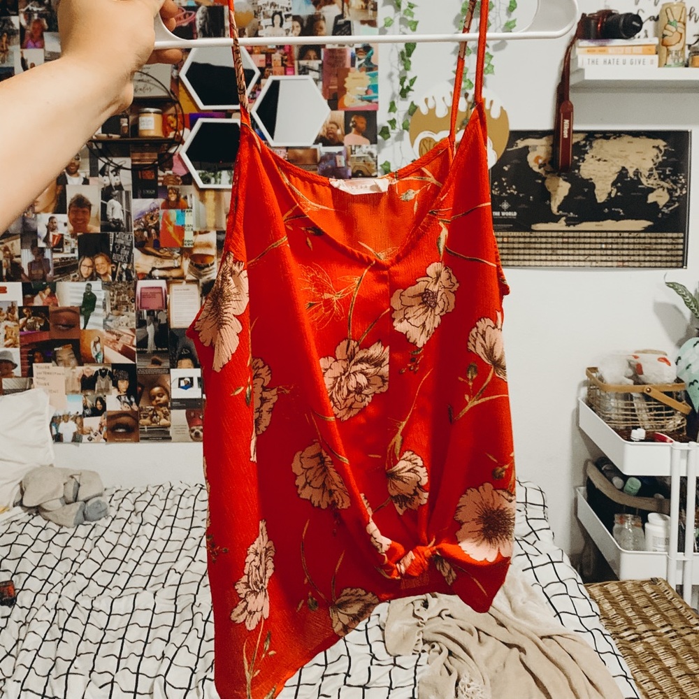 Red floral cropped blouse
